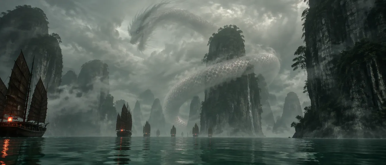 The Descending Serpent, makhluk kabut panjang tanpa kaki, melilit menara karst. Armada jung kecil berlentera menunggu di bawahnya.