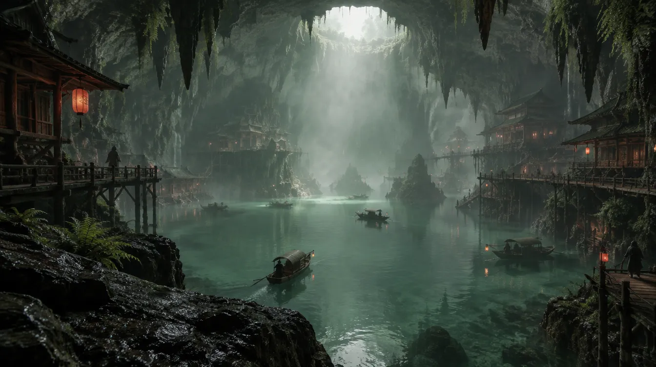 Hollowmere, rumah panggung di dinding gua mengelilingi laguna di bawah lubang cahaya.