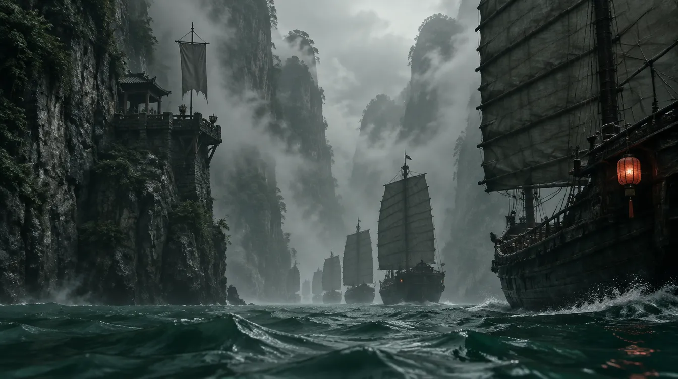 Jadewater Narrows, deretan jung memasuki selat sempit di antara dua tebing.