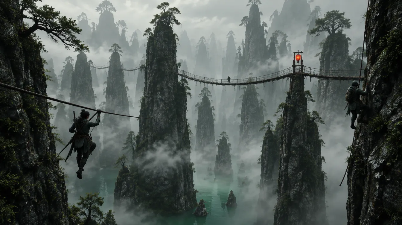 The Needles, menara tipis dengan jembatan tali dan pemain yang meluncur di tali.